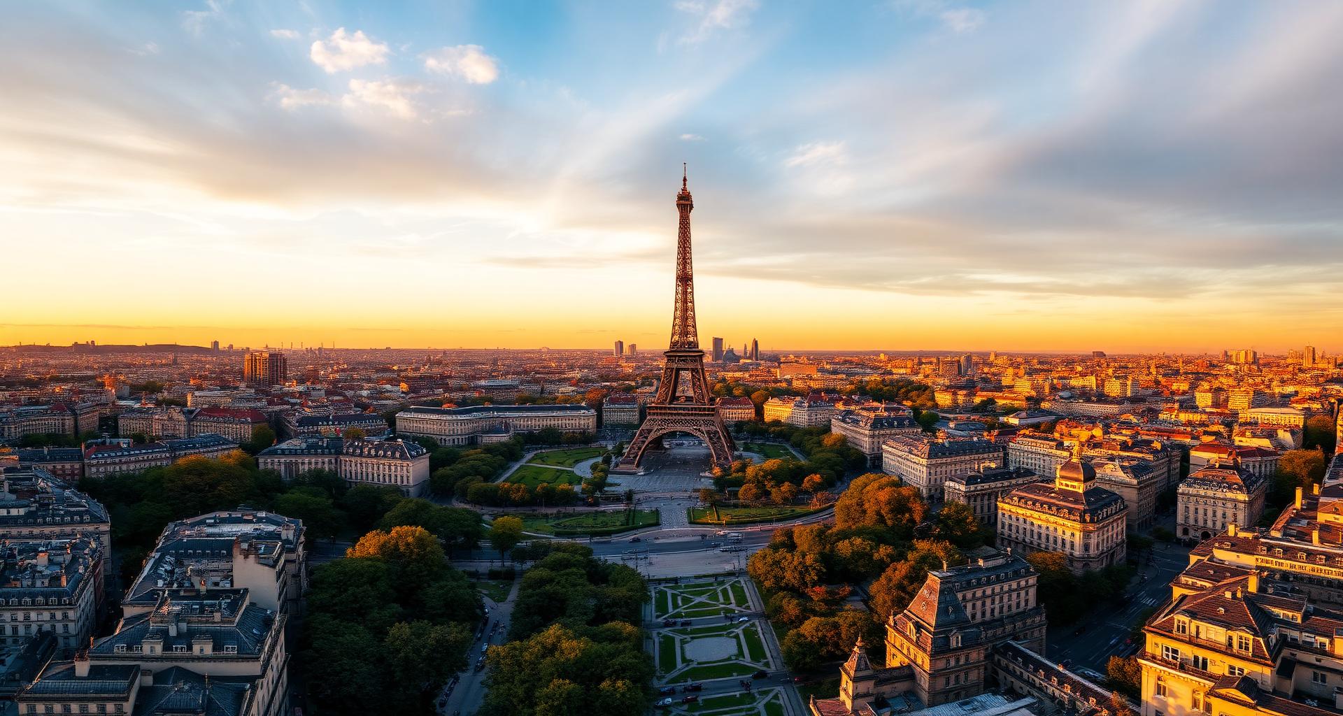 View of the Eiffel Tower at golden hour over the Paris skyline